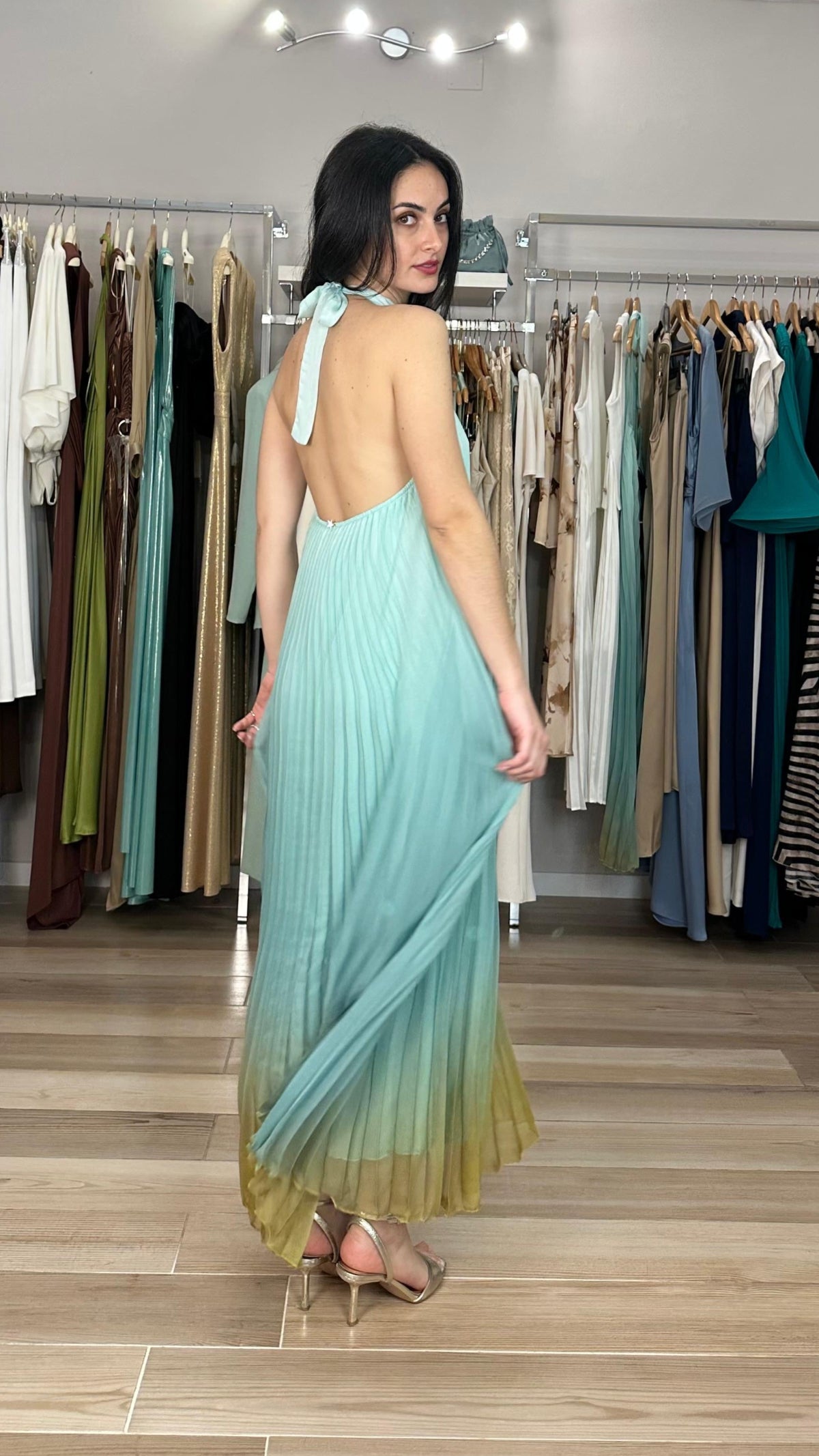 Abito lungo Souvenir plissè verde menta retro