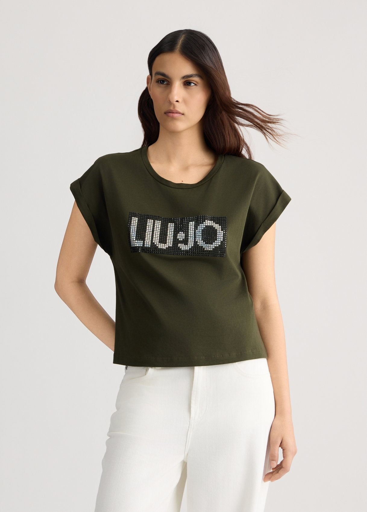 Liu Jo t-shirt maxi logo strass verde – Amaltea