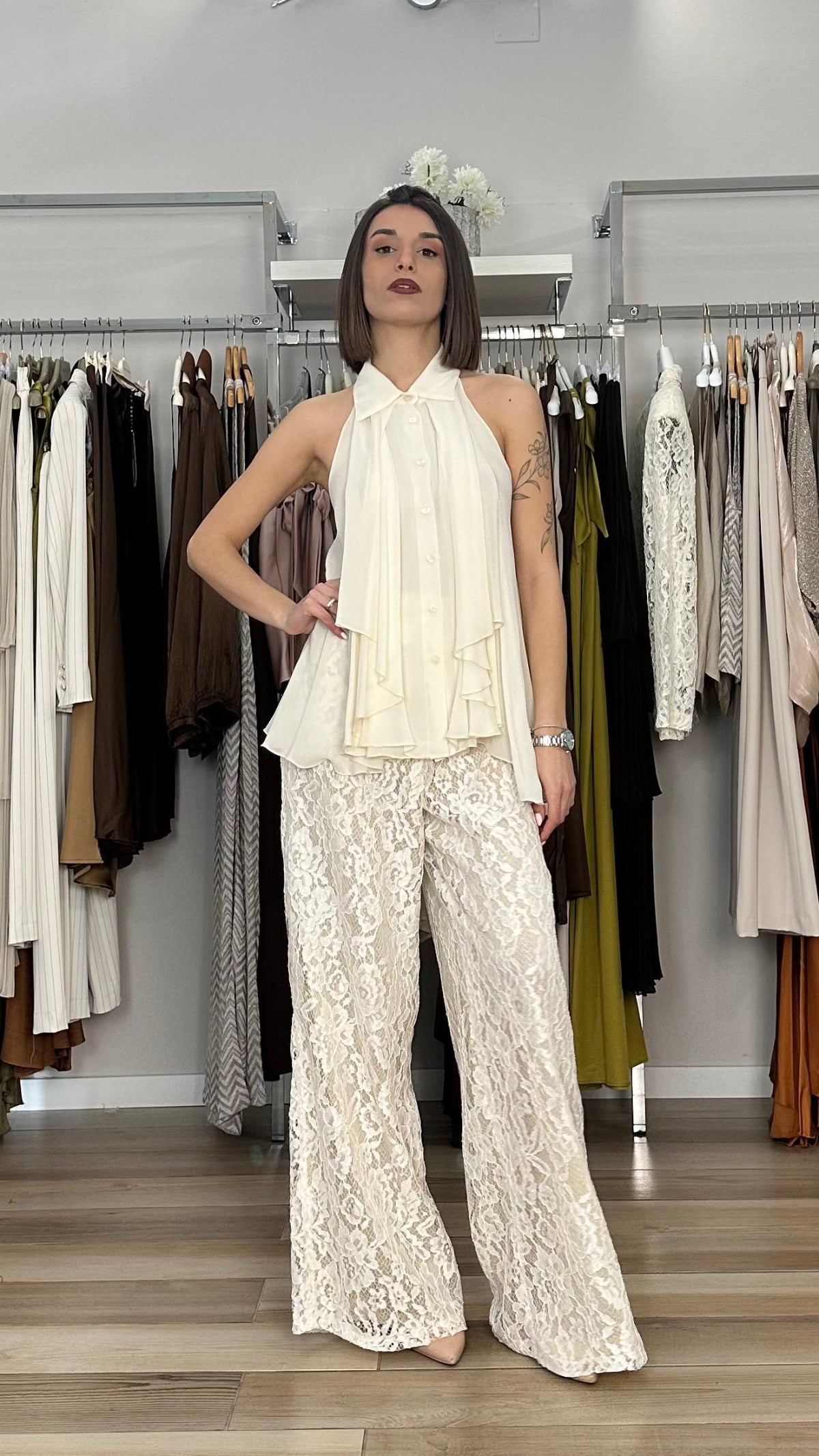 Pantaloni in pizzo Lokita panna dettaglio