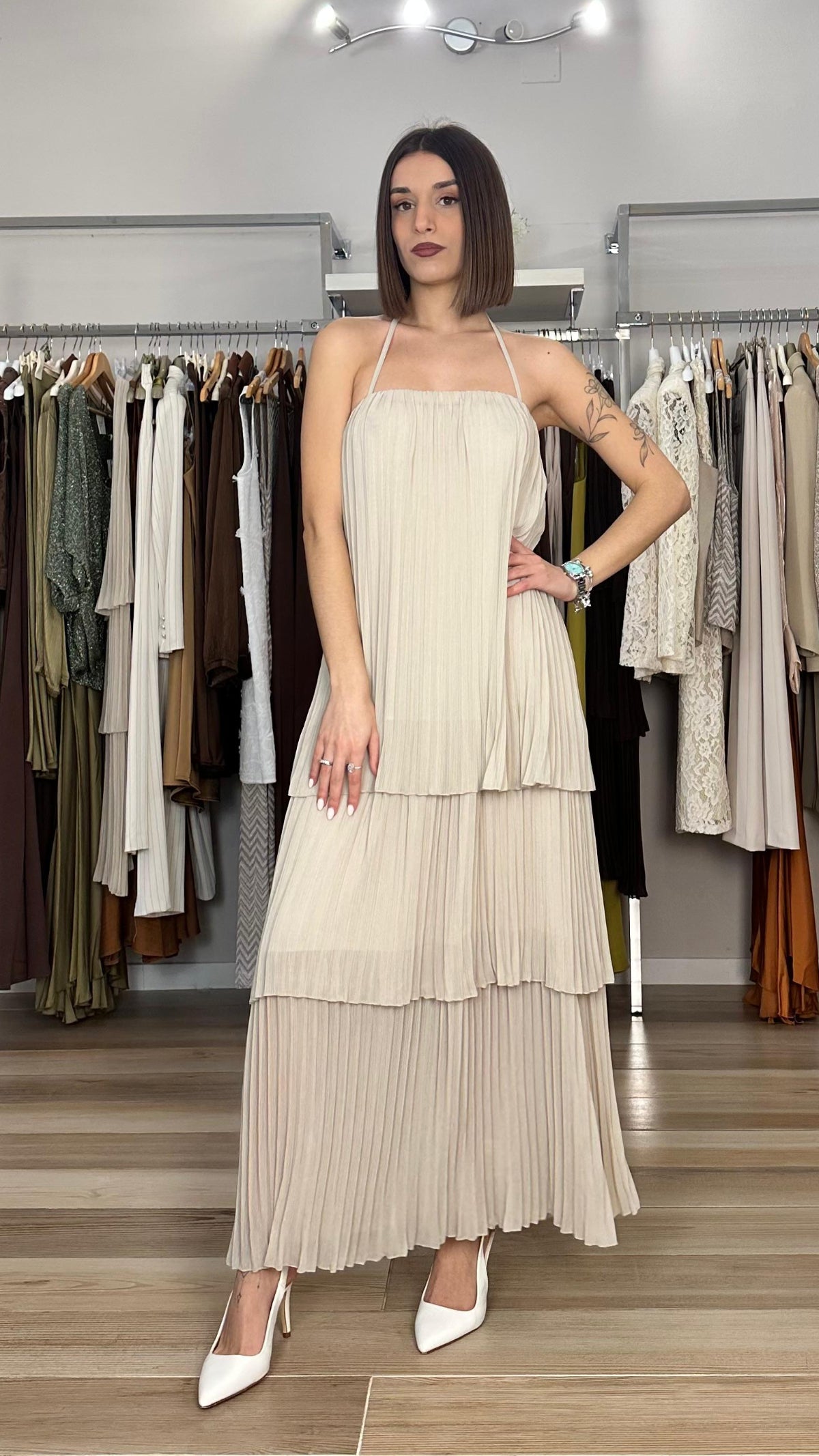 Abito lungo plissettato Souvenir sabbia