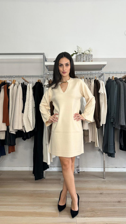 Kocca abito corto in maglia beige frontale 