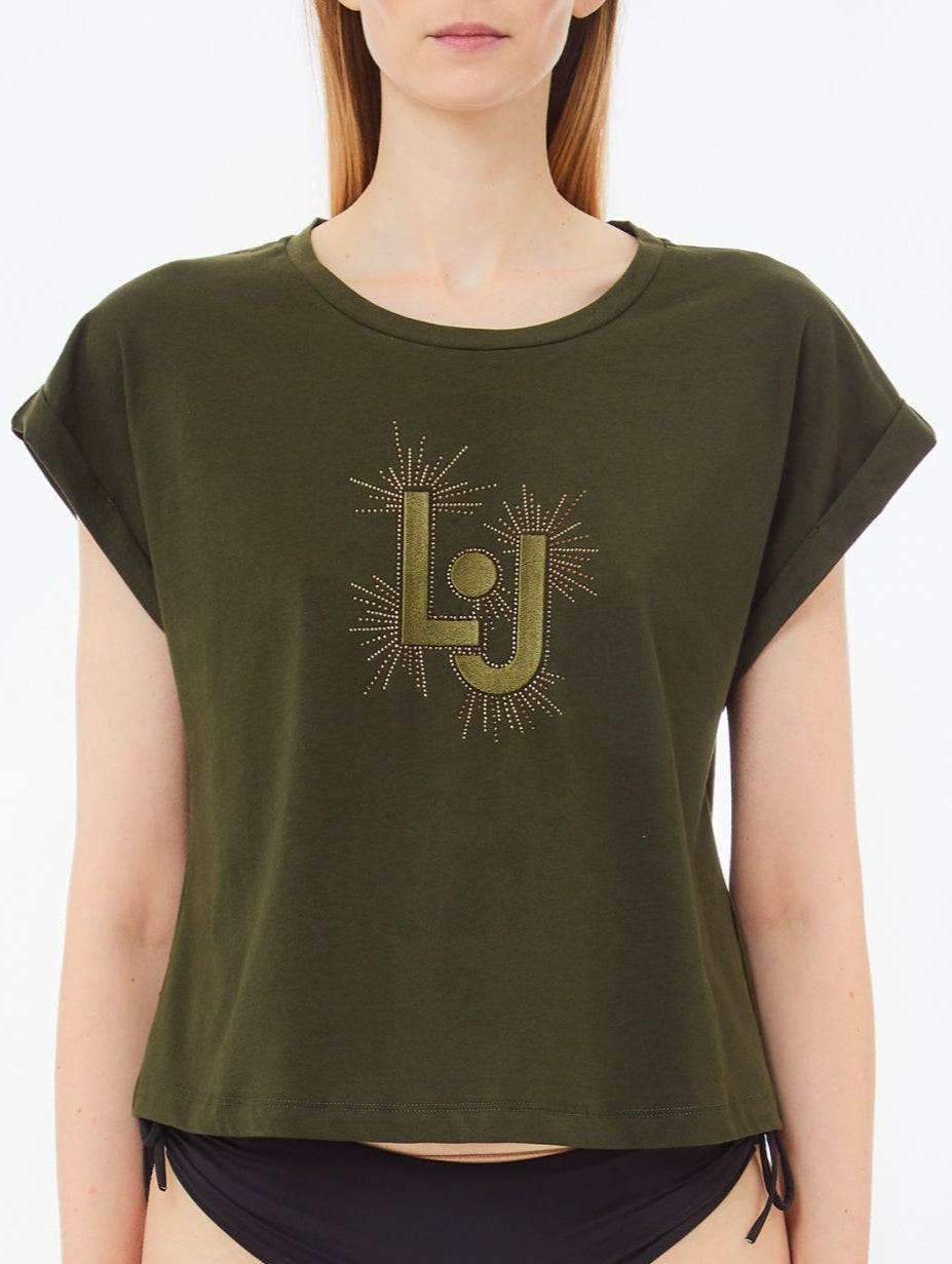 Liu Jo t-shirt logo LJ strass verde militare 