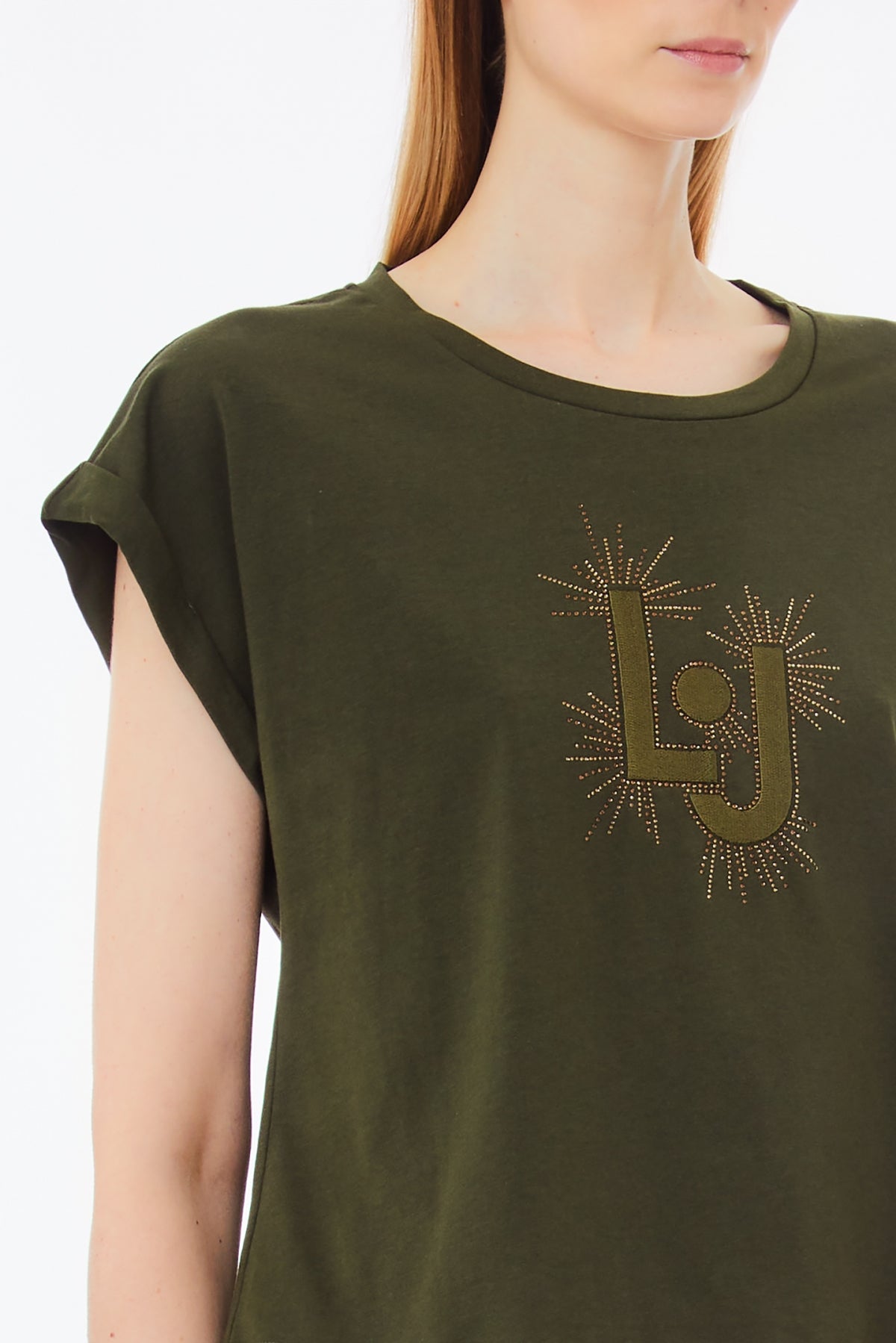 Liu_Jo_t-shirt_logo_LJ_strass_verde_militare_dettaglio