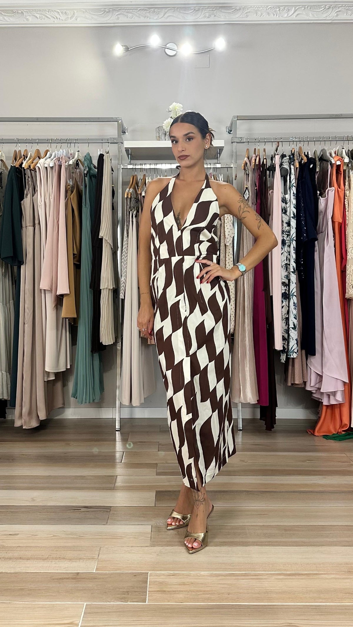 Maryley abito midi a fantasia marrone - 26EB356