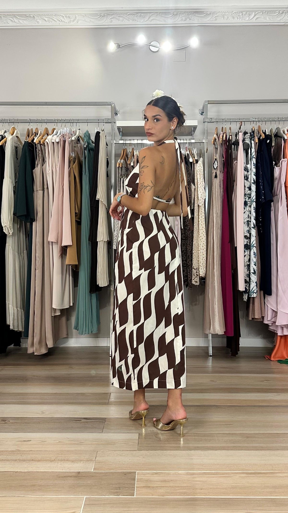 Maryley abito midi a fantasia marrone- 26EB356 retro